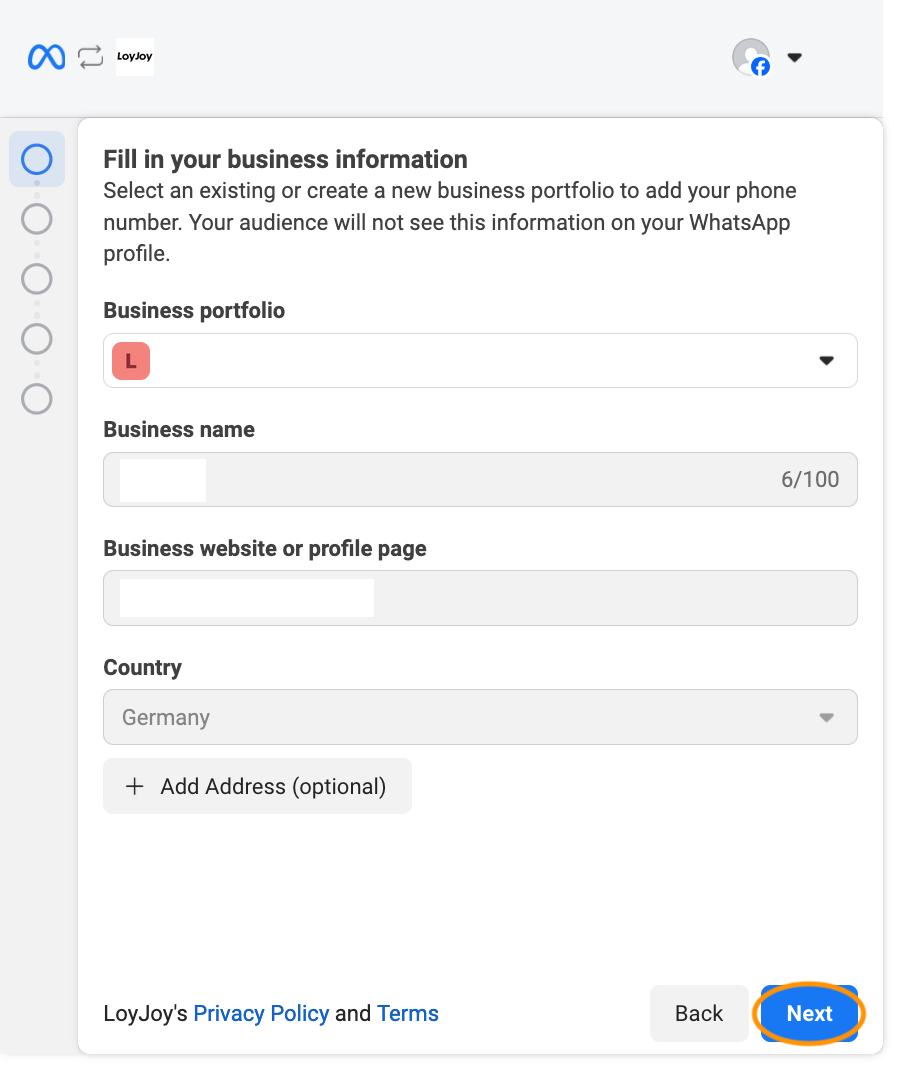 Fill in business information Step 3