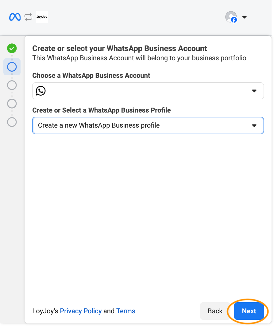 Create or select a WhatsApp Business Account Step 4