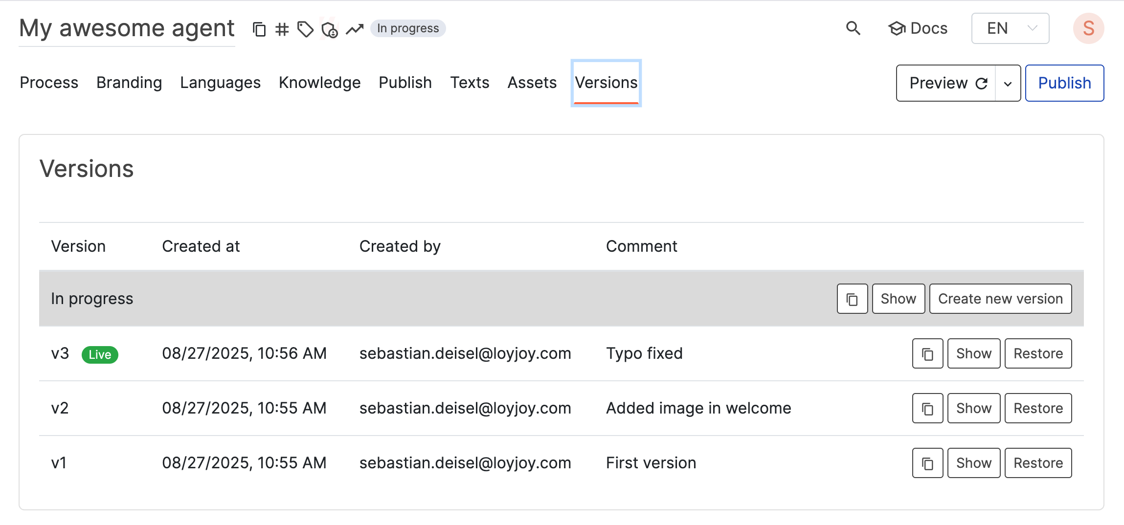 Versions tab Versions tab