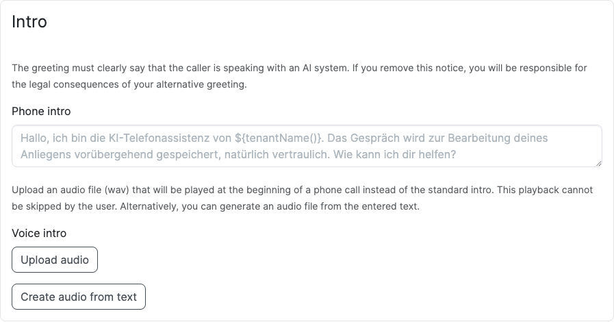 Configuring the call intro Intro settings with text intro, audio upload and create audio from text